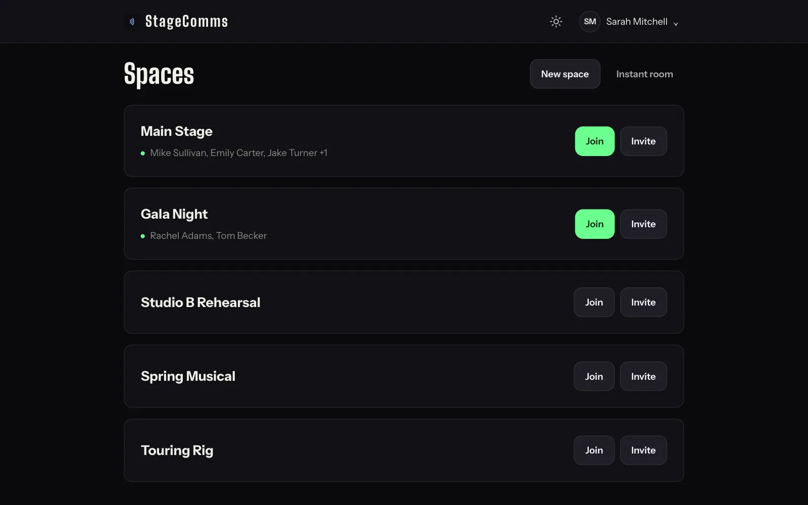 StageComms web dashboard: five spaces, Main Stage live with Mike Sullivan, Emily Carter, Jake Turner and one more, Gala Night live with Rachel Adams and Tom Becker, each with Join and Invite.